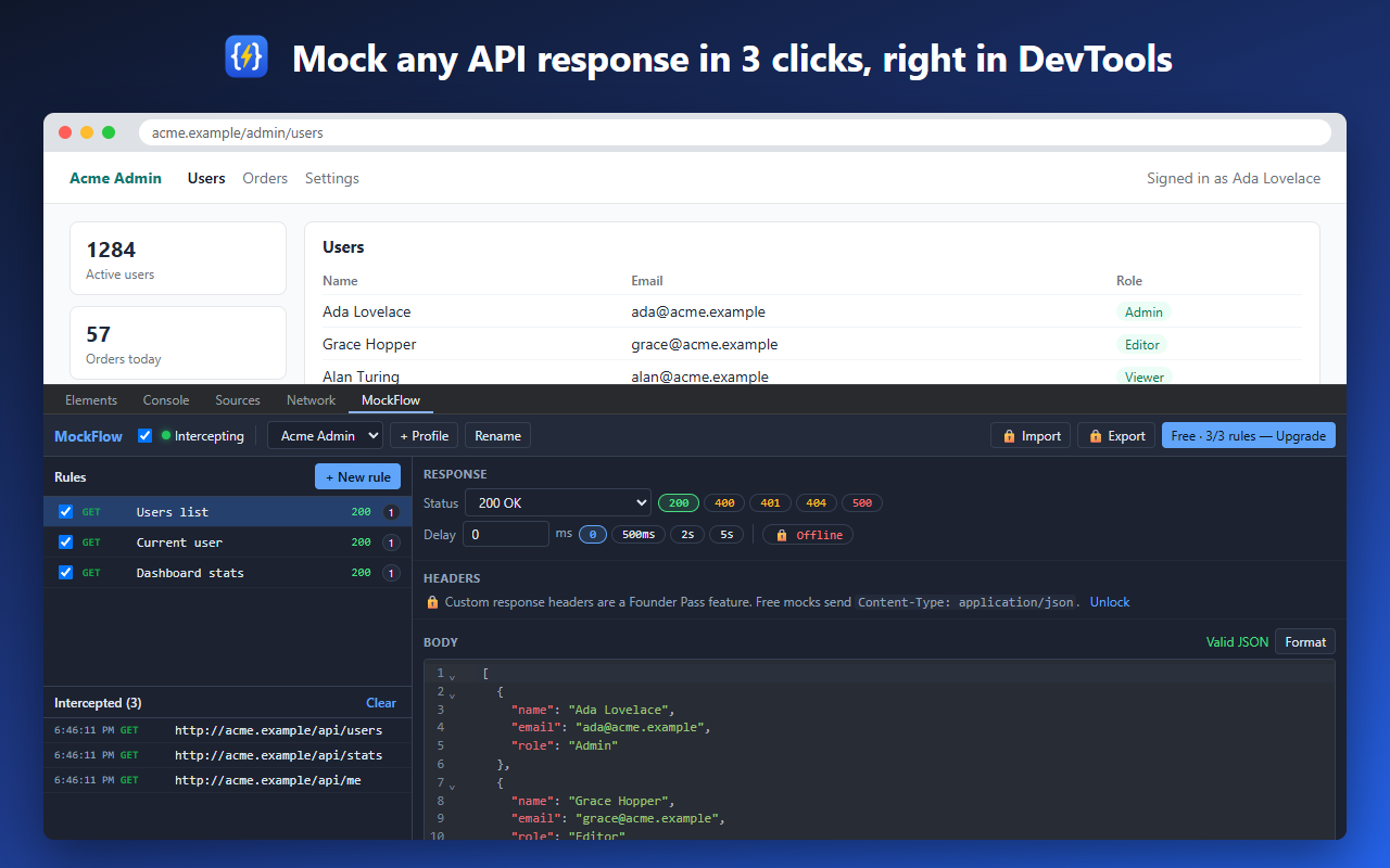 MockFlow panel in Chrome DevTools returning a mocked users list to a web app