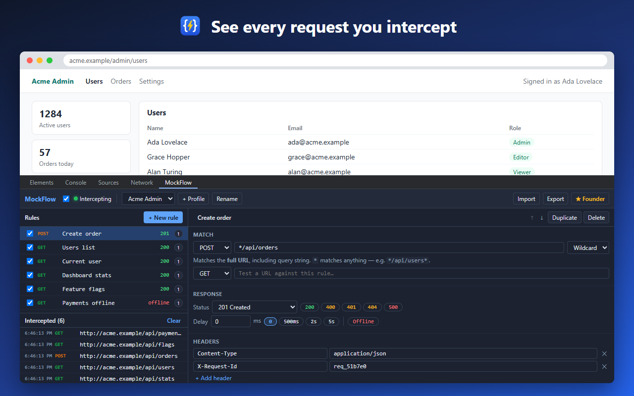 Rule editor with custom headers and the list of intercepted requests